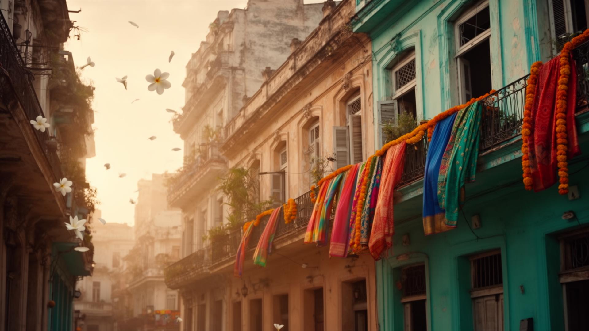 Old Havana balconies draped with Indian silk saris and marigold garlands at golden hour
